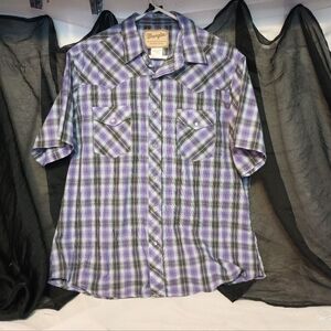 Vintage Wrangler Purple Plaid Short Sleeve Snap Shirt Sz XL